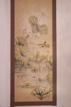 Rankomis dažyti šilko tapetų dažymas lotus su mandarinų antis vertus, dažytos sienos popieriaus wallcovering daugelis meno/fono neprivaloma