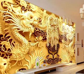 3D Auksiniai Drakonai Foto Tapetai Woodcut Sienos freskos Kinų stiliaus tapetai Meno Kambario dekoro Sofa fono sienos Vaikų kambaryje