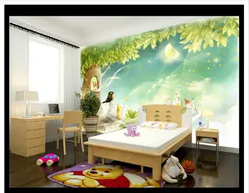 Individualizuotos fono paveikslėliai 3d freskomis tapetai, Cartoon romantiška graži žalia eglutė guašas vaikų kambario sienos fone dokumentus