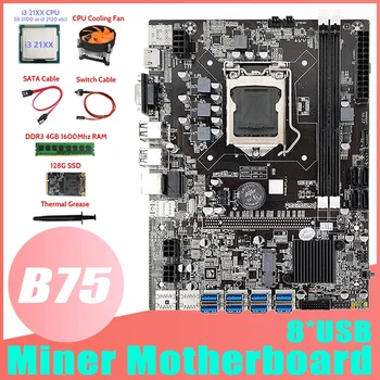 B75 BTC Kasybos Plokštė 8XUSB3.0+I3 21XX CPU+4GB DDR3 RAM+128G SSD+Ventiliatorius+SATA Kabelis+Switch Kabelis+Terminis Tepalas