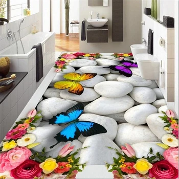 wellyu Užsakymą 3D grindų lipdukai Rose Butterfly Pebble Aukšte Kambarys, svetainė, miegamojo grindys nuotraukas, 3d papel de parede