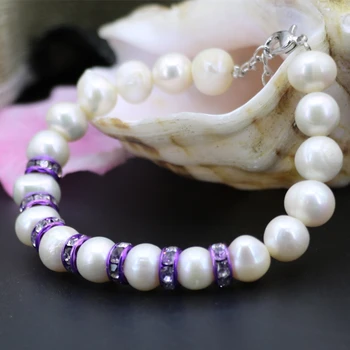 Didmeninės kainos aukštos klasės natūralus baltas perlas nearround 9-10mm granules, apyrankės moterims violetinė crystal tarpiklis papuošalai 7.5 colių B3087