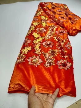 5 Metrų orange Afrikos Aksomo, Nėrinių Siuvinėjimai Blizgančiais Net 2022 Aukštos Kokybės prancūzų Prom Audinio Siūti Vestuvių Suknelė Drabužius