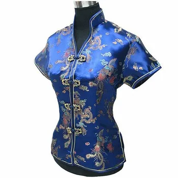 Derliaus Mygtuką Kinų Stiliaus Palaidinė Moterims, Mėlyna Satino Marškinėliai Topai Spausdinti Dragon Phenix Drabužius Slim Mujeres Camisa Negabaritinių 3xl