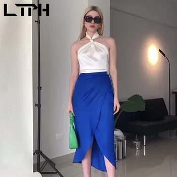 LTPH elegantiška mėlyna satino moterų sijonas temperamentas paketo klubo nereguliarus aukšto juosmens seksualus atsitiktinis derliaus maxi sijonai 2021 m. rudenį naujų