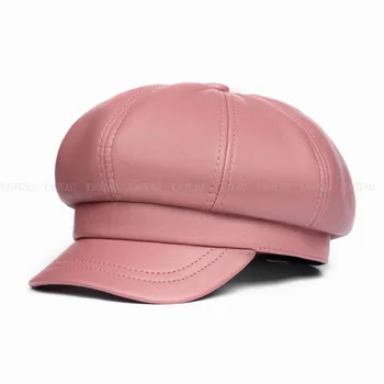 Originali Skrybėlę Žiemą/Pavasarį Moterų Oda Trumpas Kraštų Kepurės Pink/Blue Dome Beretė Skrybėlės