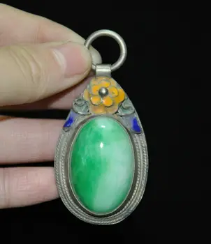 Senovės Tibeto sidabro Cloisonne mozaikos Žadeitas Smaragdas Jade amuletas Pakabukas