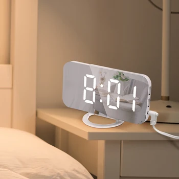 Skaitmeninis LED Laikrodis-Žadintuvas Veidrodėliai 2 USB Įkroviklis Uostų Naktį Šviesos diodų (LED) Stalo Laikrodis Atidėjimo Funkcija, Reguliuojamas Ryškumas Stalo Laikrodžiai