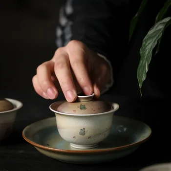 Jingdezhen Keramikos Ranka-Dažytos Derliaus Malkos Drugelis Senovės Spalvos Lemputės Dangtelį Arbatos Puodelio Gracked Glazūra Japonų Stiliaus Moteris