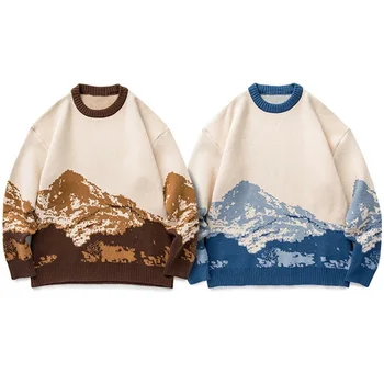 Vyrai Hip-Hop Streetwear Harajuku Megztinis, Vintage Japonų Stiliaus Sniego Kalnų Megzti Megztinis Žiemą Atsitiktinis Megztinis Trikotažas