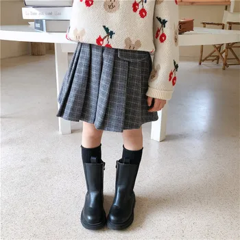DFXD Kūdikių Mergaičių Pledas Tirštėti Vilnoniai Sijonai 2020 M. Žiemos Preppy Stilius Elegantiškas Princesė Aukšto Juosmens Klostuotas Sijonas Vaikų Sijonai