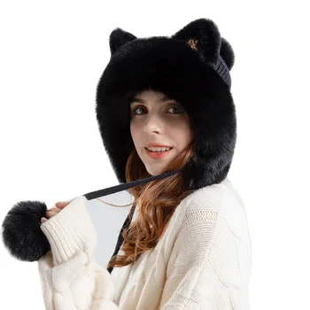 9980 Žiemos Mielas Megzti Skrybėlę Moterų Animacinių Filmų Katės Ausies Plaukų Kamuolys Ausies Raštas Bžūp Pliušinis Sutirštės Šilta Kepurė