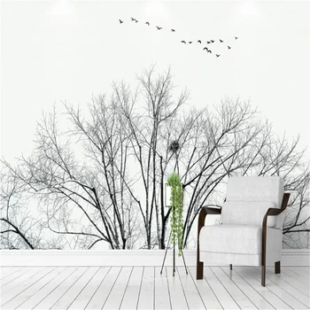 Milofi užsakymą didelis neaustinių tapetai, freskos modernus minimalistinio Šiaurės vėjo sausas medis skraidantis paukštis juoda ir balta stilius backgroun