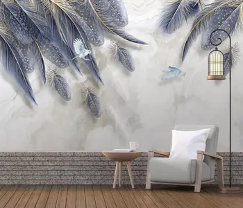 HD rankomis dažyti mėlyna plunksna 3d tapetai marmuro modelis fone sienų tapybos namų puošybai pasirinktinis dydis tapetai freskomis